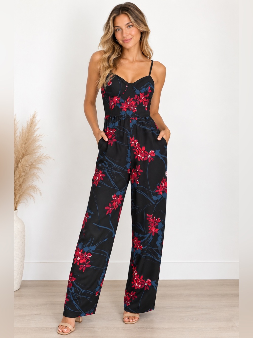 Band of Gypsies Black Floral Bustier Wide Leg Jumpsuit XS